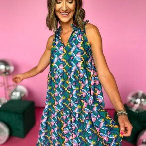 Colorful Sleeveless Maxi Dress Geometric Print with Ruffle Collar SIze Large